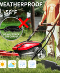 50 Foot Indoor Outdoor Extension Cord 3 Prong SJTW Weatherproof Black used with a lawnmower on grass, warning not to stack cords
