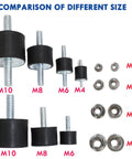 Comparison of different sizes of M10, M8, M6, and M4 rubber isolator mounts and lock nuts with double studs.