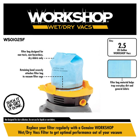 Wet Dry Shop Vacuum Bag Filters Three Pack With Retaining Band For Select 2.5 Gallon To 5 Gallon Vacuums installed on vacuum.
