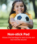 Girl with soccer ball wearing Totally Kid Approved Marvel Themed Bandages For Minor Scrapes And Cuts With Iron Man Hulk