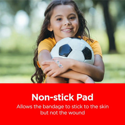 Girl with soccer ball wearing Totally Kid Approved Marvel Themed Bandages For Minor Scrapes And Cuts With Iron Man Hulk