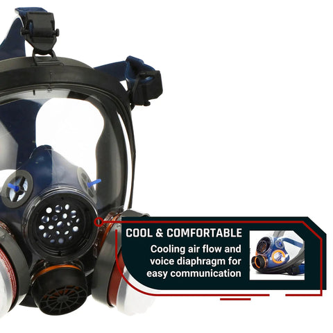 Smoke Black Full Face Respirator With Dual Activated Charcoal Filtration For Organic Vapor And Particulate Protection Anti Fog Eye Shield Heavy Duty Mask Built For Rugged Outdoor Gigs And Industrial Settings close-up