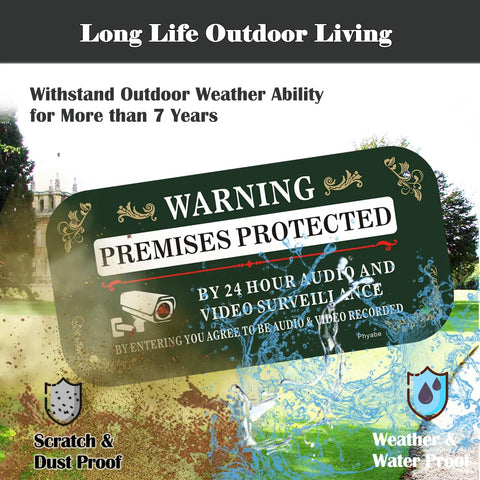 Real Sturdy Aluminum Video Surveillance Signs 2 Pack Keep Your Property Locked Down Smooth Motion Warning Decals For Homes And Buildings Zero Hassle Wall Mounting Setup Installed. Green metal sign with weatherproof design.
