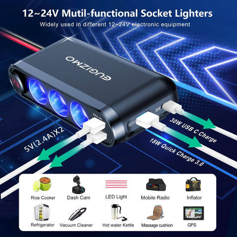 12V Car Lighter Socket Splitter With 7 Ports USB PD Type C 30W QC3 18W Quick Charge 3 Lighter Sockets 200W Total Eyelet Terminal Power Outlet Multi Port Car Charger For Fast On The Go Device Charging