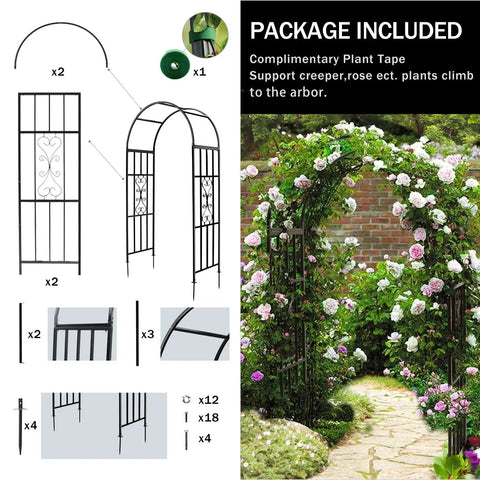 Durable Curved Metal Garden Arbor Trellis For Outdoor Use, Iron Plant Supports For Climbing Vines, Easy Setup Diagram and Assembled View