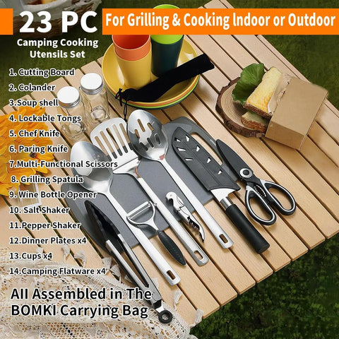All In One Camping Kitchen Set With Stainless Steel Tongs Slotted Spatulas Spoons Chef Knife Kitchen Shears Bottle Opener Peeler And Spice Bottles Plus A Chopping Board And Four Plastic Plates For Outdoor Cooking On The Go Picnics And BBQ displayed on a wooden table