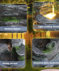 Close-up details of Outdoor 7 Tier Cascading Rock Water Fountain With Six LED Lights, showing texture, moss, and lighting.