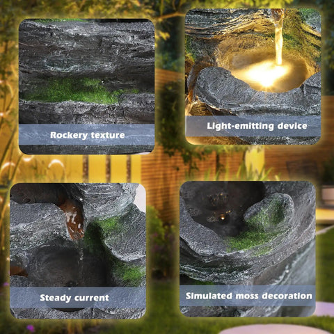 Close-up details of Outdoor 7 Tier Cascading Rock Water Fountain With Six LED Lights, showing texture, moss, and lighting.