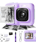 Kid Friendly Instant Print Camera With 1080P Photos Dual Lens For Wide And Close Shots Includes 32GB Card Easy To Use And Doodle Ready Fun Purple Color For Tiny Trendsetters, purple kids camera with film rolls and 32GB card