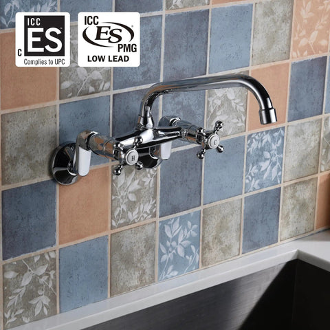 Wall Mount Kitchen Faucet With Adjustable 3 To 9 Inch Spread, 2 Cross Handles, Chrome Finish, installed on tiled wall.