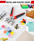 All In One Snap Kit For Fabric And Leather Grab And Go With 192 Pcs T5 Plastic Snaps shown with tools and snaps on table