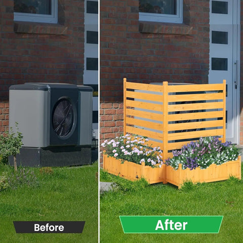Outdoor Air Conditioner Fence Privacy Screen With Planter Box for trash cans and pool equipment enclosure, before and after setup.