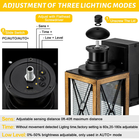 Adjustment options for Porch Light With Built In Outlet And Motion Sensor, Dusk To Dawn Exterior Wall Mount Sconce shown