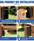 Complete 36 Piece Deck Railing Bracket Kit With U Shape Concealed Connectors For 2 X 4 Boards showing DIY installation steps using drill and screwdriver.