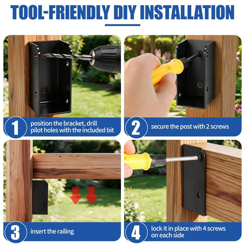 Complete 36 Piece Deck Railing Bracket Kit With U Shape Concealed Connectors For 2 X 4 Boards showing DIY installation steps using drill and screwdriver.
