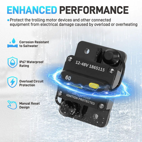 Solid 60 Amp Circuit Breaker For Rig And Marine Setup With Top Shelf IP67 Waterproof Housing showing overload protection features.