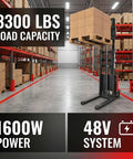 Heavy Duty Semi Electric Pallet Stacker High Lift Pallet Jack Boasts 3500 Lbs Capacity And 95 Inch Reach for top shelf access in a warehouse.