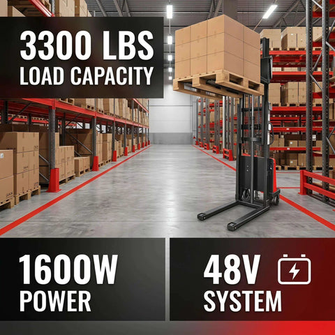Heavy Duty Semi Electric Pallet Stacker High Lift Pallet Jack Boasts 3500 Lbs Capacity And 95 Inch Reach for top shelf access in a warehouse.