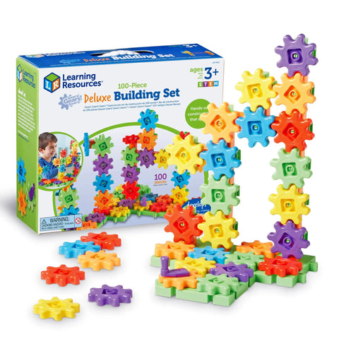Gears 100-Piece Deluxe Building Set For STEM Fun box and colorful gear assembly in front