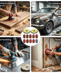 Huge 100 Pack Of 5 Inch Hook And Loop Sanding Discs With Eight Holes For Universal Random Orbital Sanders shown in action: polishing wood, car, metal, and home DIY projects.