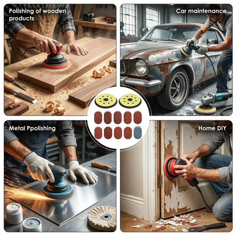 Huge 100 Pack Of 5 Inch Hook And Loop Sanding Discs With Eight Holes For Universal Random Orbital Sanders shown in action: polishing wood, car, metal, and home DIY projects.