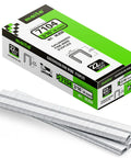 Workhorse 22 Gauge Galvanized Upholstery Staples With 3/8 Inch Crown And 3/16 Inch Leg Bulk Box Of 10020 Count shown with packaging and staples.