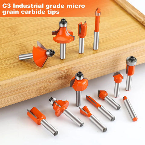 Multi Purpose Router Bit Set For Woodworking 15 Piece Kit With 1 Quarter Inch Shank on wooden surface
