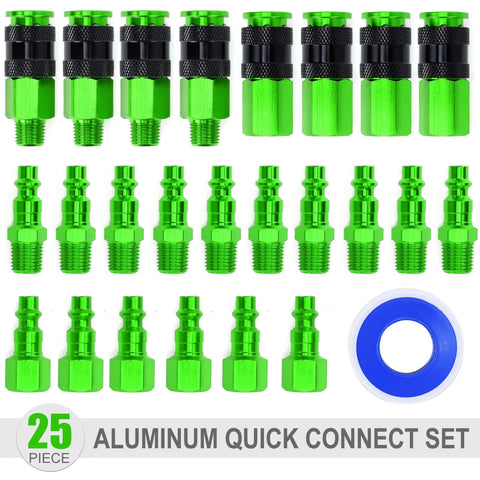 Heavy Duty Aluminum Air Coupler And Plug Kit 25-Piece Quick Connect Fittings With Leak-Proof Sealant And Teflon Tape shown