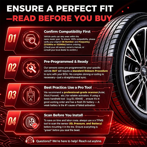 Ensure proper installation steps for Fresh 4 Pack 433MHz TPMS Tire Pressure Sensors for Chevy GMC Buick Cadillac.