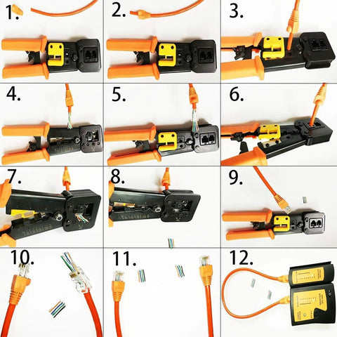 Step-by-step guide using Pass Through Ethernet Crimp Tool Kit for Cat5/Cat5e/Cat6 cables with RJ45 connectors and network tester.