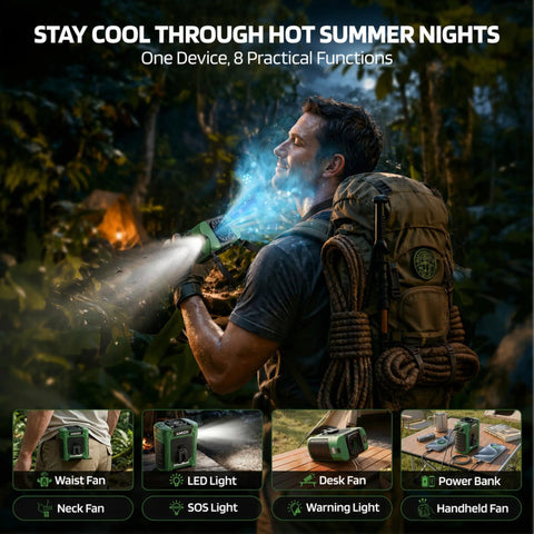 Man using Waist Clip Fan With 10000mAh Battery Rechargeable Belt Cooler 59 Feet Per Second Airflow 18500 RPM 6 Speed Settings