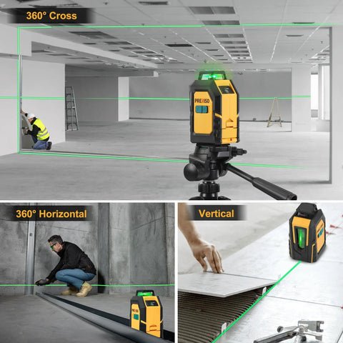 High-Performance 360 Degree Self-Leveling Green Cross Line Laser Level with Sturdy Tripod and Essential Accessories in a construction setting