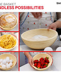 Round 9 Inch Banneton Proofing Basket Starter Kit With Lame Dough Scraper Linen Liner And Basting Brush For Perfectly Shaped Sourdough Loaves used for various foods