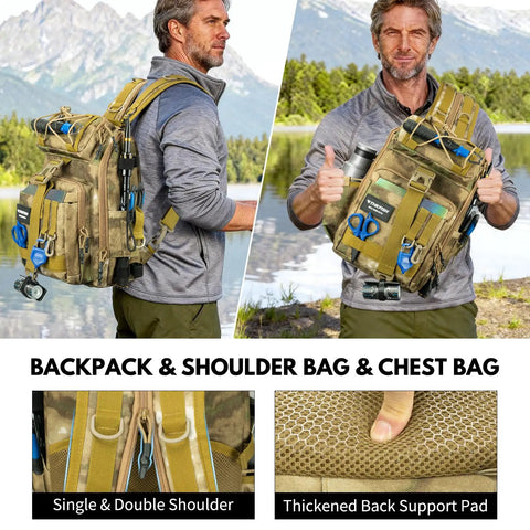 Man carrying All In One Telescoping Fishing Rod And Reel Kit With Backpack For Men Grab And Go Travel Ready with padded support