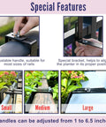 Special features of Super Sleek Two Pack Rail Planters For Balcony And Deck, showing adjustable handles for various rail sizes.