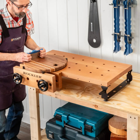 Handy Bench Portable Woodworking Workbench With Moxon Vise, 16x32 Solid Beech Benchtop, 4x4 Dog Hole Grid on shop table