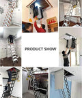 Rock Solid Aluminum Alloy Pull Down Attic Ladder Built Tough Motorized Stealth Loft Stairs displaying multiple installation angles.
