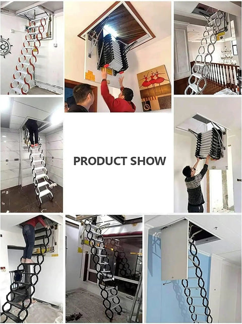 Rock Solid Aluminum Alloy Pull Down Attic Ladder Built Tough Motorized Stealth Loft Stairs displaying multiple installation angles.