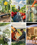 Collage: garden stakes in soil, farmer with strawberries, rabbits eating, outdoor dining, couple camping, holiday lights on house