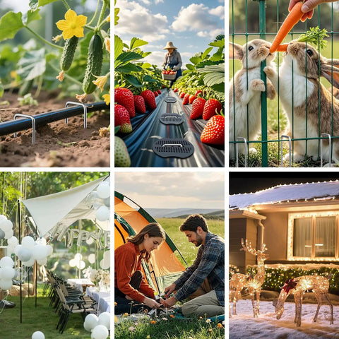 Collage: garden stakes in soil, farmer with strawberries, rabbits eating, outdoor dining, couple camping, holiday lights on house
