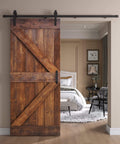 Knotty Pine Wood Sliding Barn Door Kit 36x84 Dark Walnut DIY Unassembled Panels with Hardware Installed in Bedroom