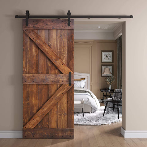 Knotty Pine Wood Sliding Barn Door Kit 36x84 Dark Walnut DIY Unassembled Panels with Hardware Installed in Bedroom