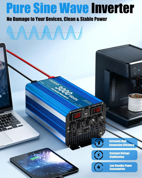 3000 Watt Pure Sine Wave Inverter Heavy Duty From 12V DC To 110V And 120V AC With LCD Display, 6000W Peak, 4 AC Outlets