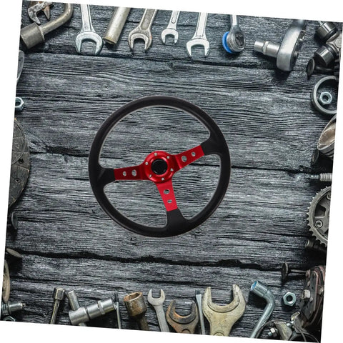 Racing Steering Wheel 14 Inch Aluminum PU Drift Style With Horn Button, surrounded by tools on wooden background, red sporty grip