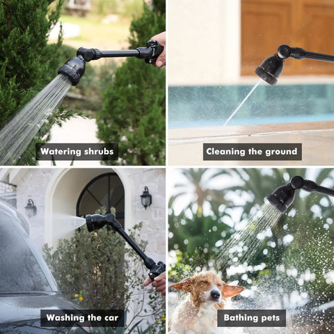 Heavy Duty Metal Hose Wand Sprayer For Garden Hose 16 Inch Zinc Alloy Watering Wand With Built To Last Bronze Finish TPU Coated Dial Easy Grip Tough As Nails Shock Resistant For Daily Yard Work And Reliable Watering, shown watering shrubs and washing car
