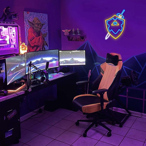 Sword and Shield LED Gaming Light for Game Room Decor, Zelda Inspired Sword and Shield Sign on wall above gaming setup