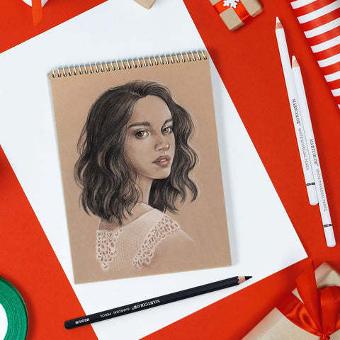 White Charcoal Pencils Set, 10 Pcs For Dark Paper Sketching, pad with female portrait using charcoal on brown paper
