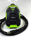 Heavy Duty Corded 1D Barcode Scanner With USB Cable Built Like A Tank For Warehouse Logistics, black and green design, top view.
