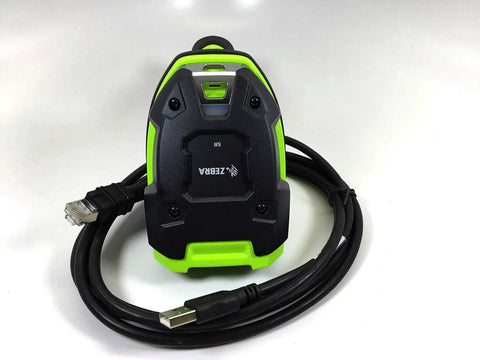 Heavy Duty Corded 1D Barcode Scanner With USB Cable Built Like A Tank For Warehouse Logistics, black and green design, top view.