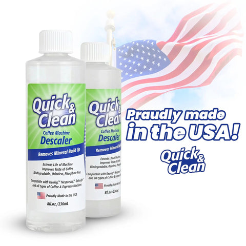 Two bottles of Ultra Effective All In One Universal Descaler For Keurig Nespresso Ninja Delonghi And More, USA flag in background